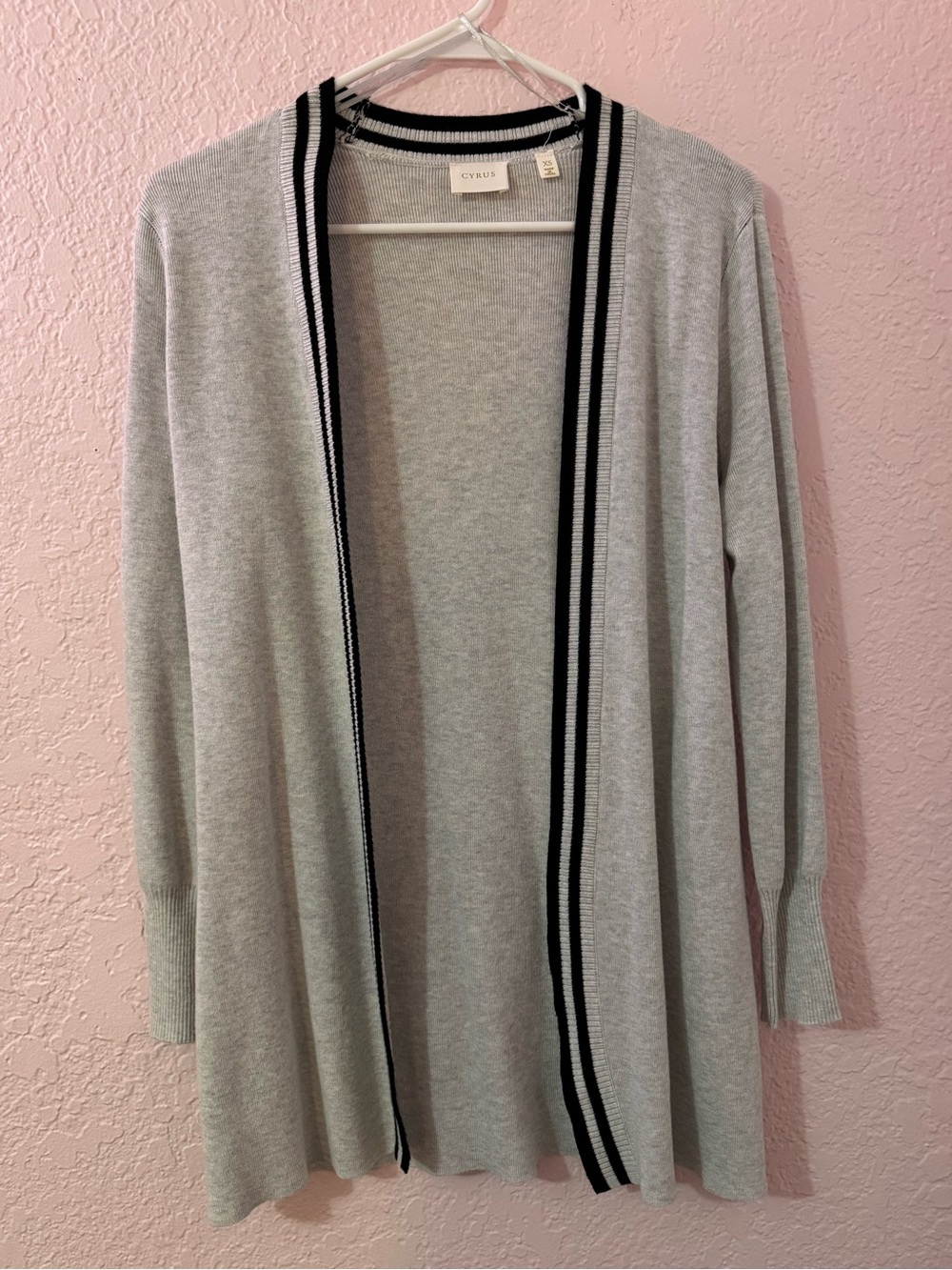 Cyrus Gray Open-Front Cardigan with Black Stripe Trim